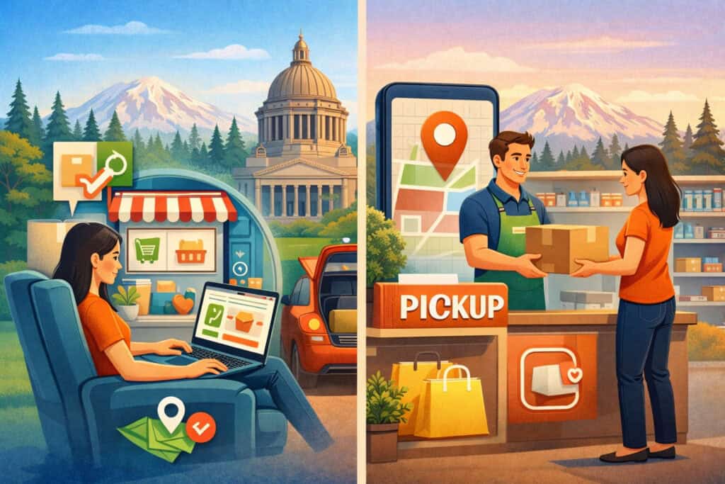 Illustration of BOPIS (buy online pick up in store) process with a customer shopping online at home and collecting an order in-store, featuring retail pickup counter, mobile map navigation, and Washington state backdrop