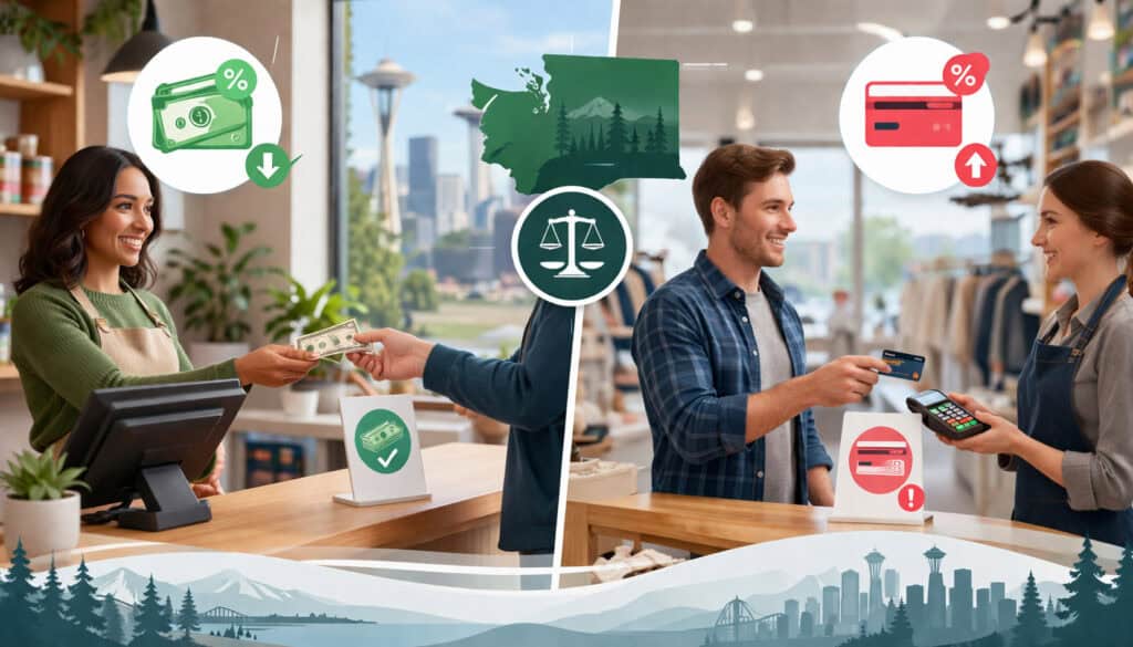 Split illustration comparing cash discounting and credit card surcharging in Washington State, showing cash payment with savings on one side and card payment with added fee on the other at a retail checkout counter.