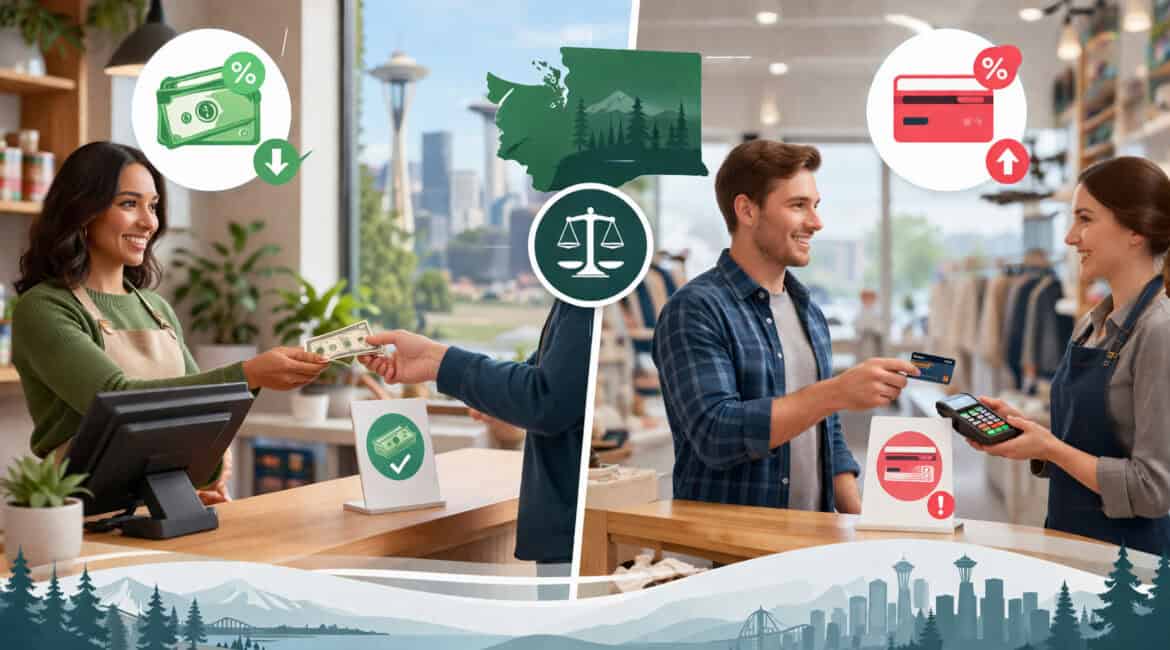 Split illustration comparing cash discounting and credit card surcharging in Washington State, showing cash payment with savings on one side and card payment with added fee on the other at a retail checkout counter.