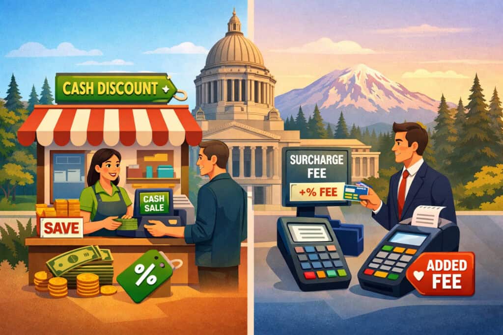 Illustration comparing cash discounting and credit card surcharging in Washington with storefront payment scenes, POS terminals, and state landmarks in the background