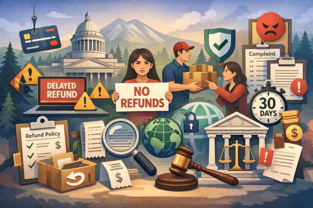 Illustration of consumer refund policy risks under Washington Consumer Protection Act showing delayed refunds, no-refund signs, customer complaints, legal symbols, and compliance indicators