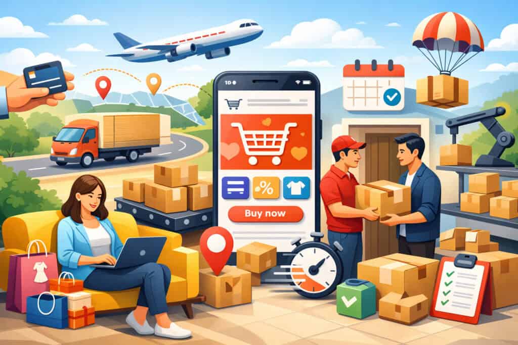 Seamless online shopping and fast delivery experience with mobile checkout, logistics network, and doorstep package handoff illustrating customer convenience and reduced shipping friction