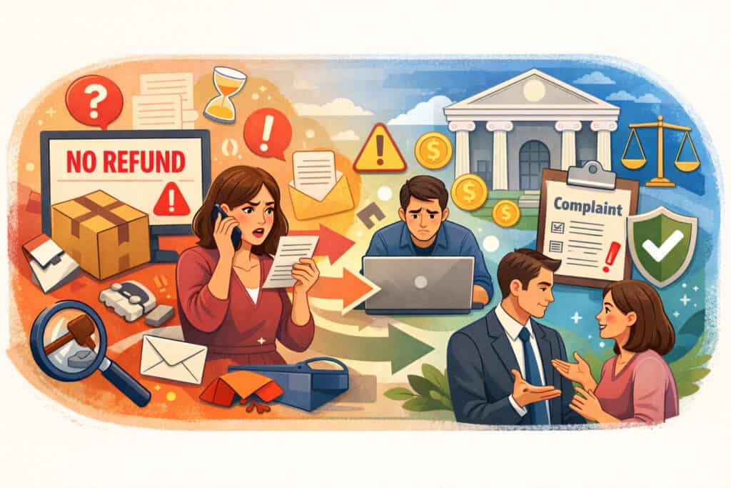 Illustration showing frustrated customers facing refund issues escalating into formal consumer protection complaints, with symbols of disputes, emails, warning signs, and legal resolution processes
