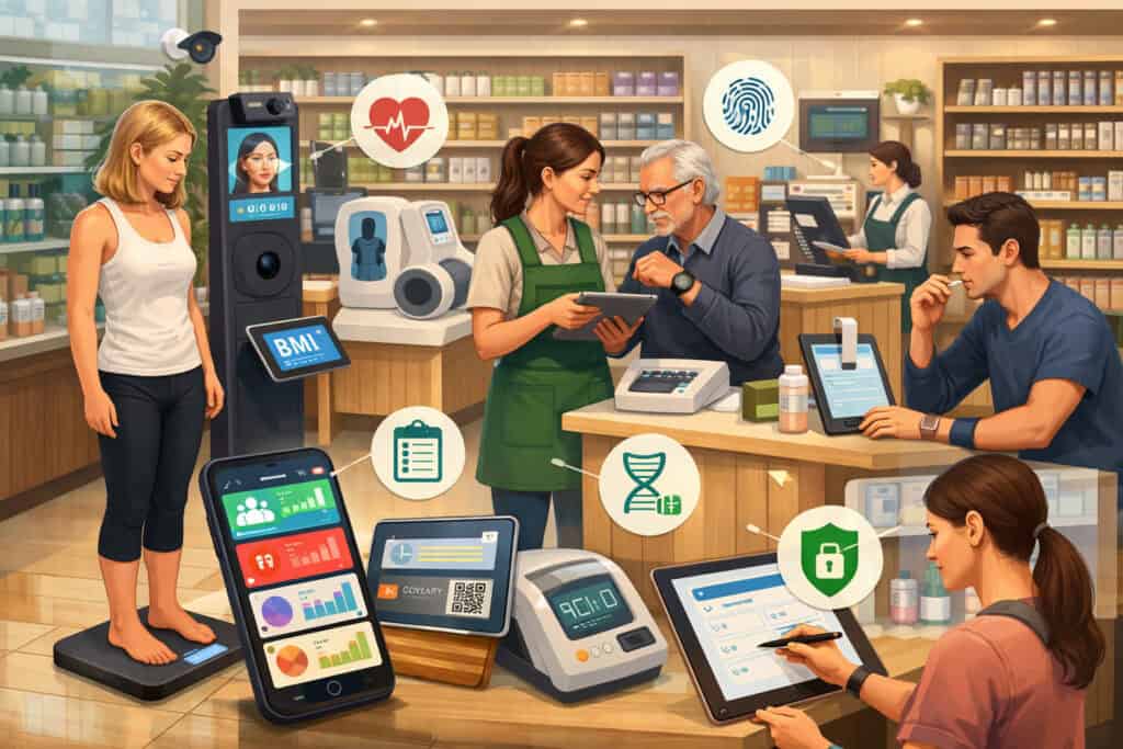 Illustration of a retail wellness store collecting consumer health data using biometric devices, smart scales, mobile apps, and digital health kiosks in a modern shop setting