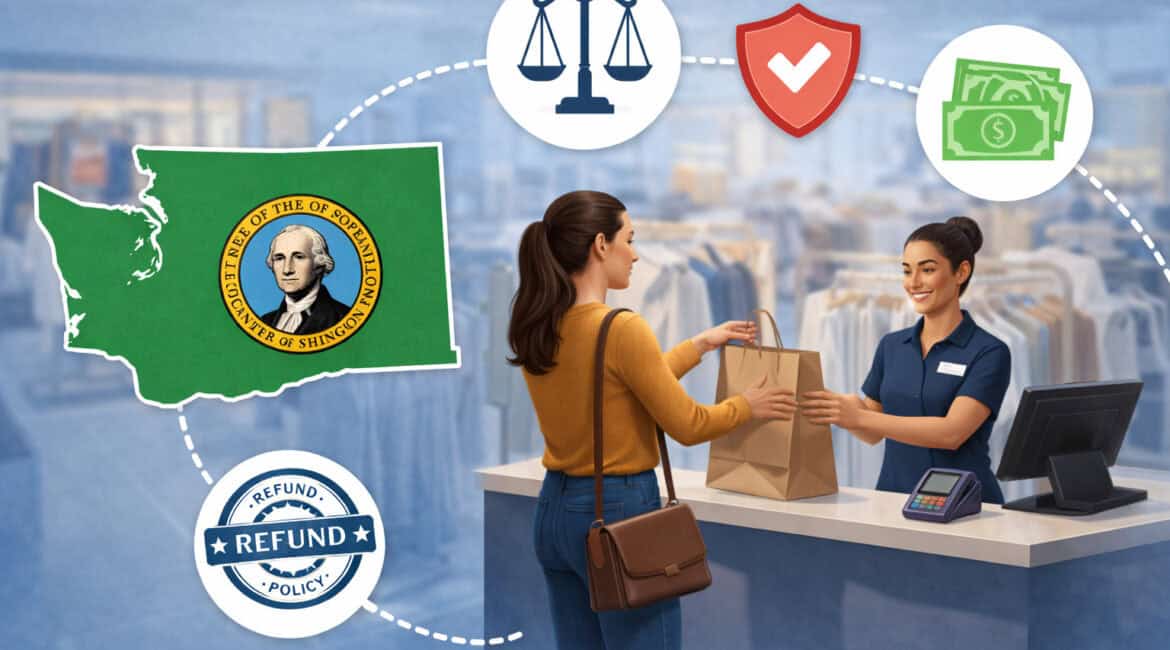 Illustration of Washington Consumer Protection Act impact on retail refunds, showing customer return at checkout with legal, compliance, and refund policy icons