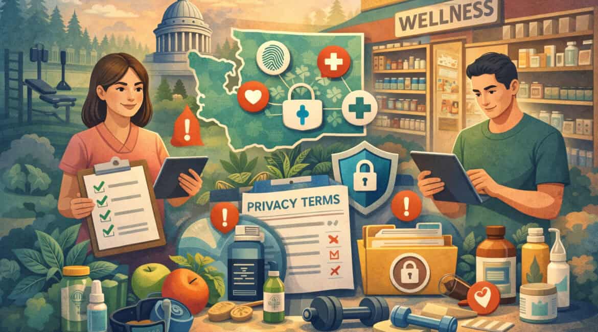Illustration of retail wellness shop compliance with Washington My Health My Data Act showing customer interaction, health products, data privacy icons, secure records, and Washington state backdrop