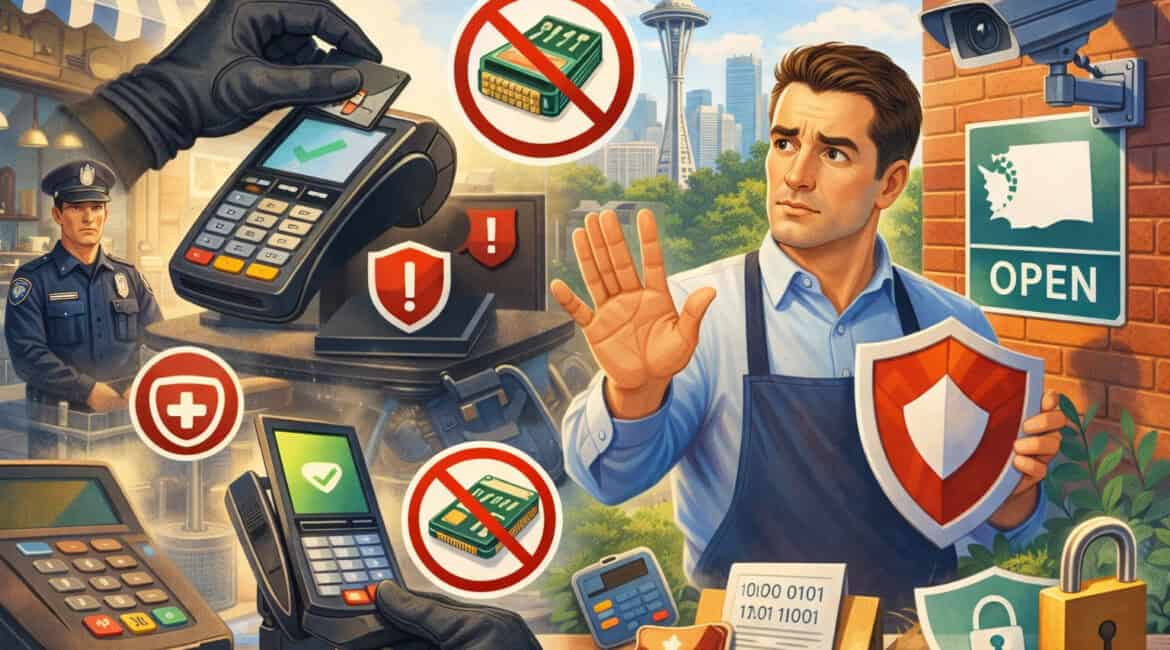 Washington small business owner protecting POS terminal from card skimming and shimming devices with security icons, surveillance camera, and city skyline in background