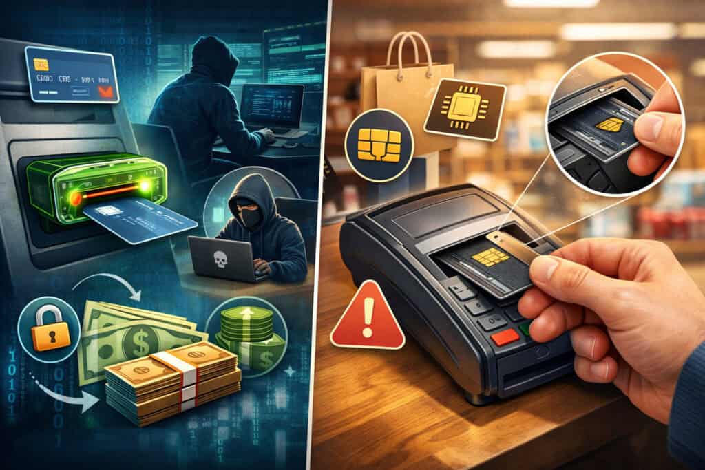 Illustration comparing credit card skimming at an ATM with cybercriminal activity and card shimming inside a POS terminal in a retail environment, highlighting payment fraud risks