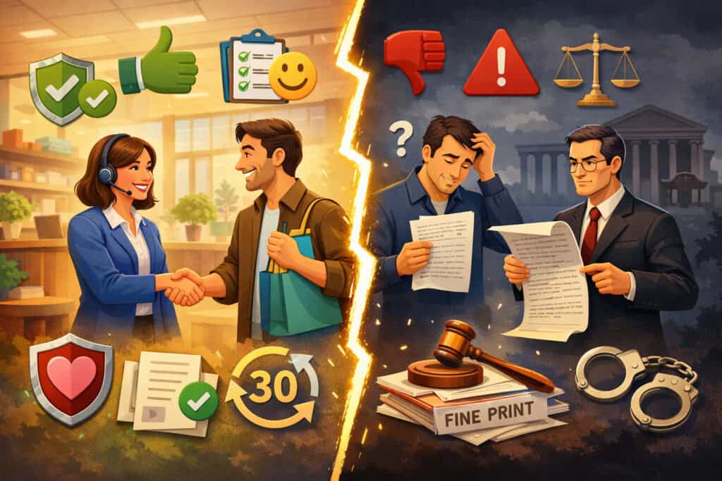 Customer-friendly policy vs legally risky policy illustration showing positive customer service experience contrasted with legal complications, warning symbols, and fine print disputes