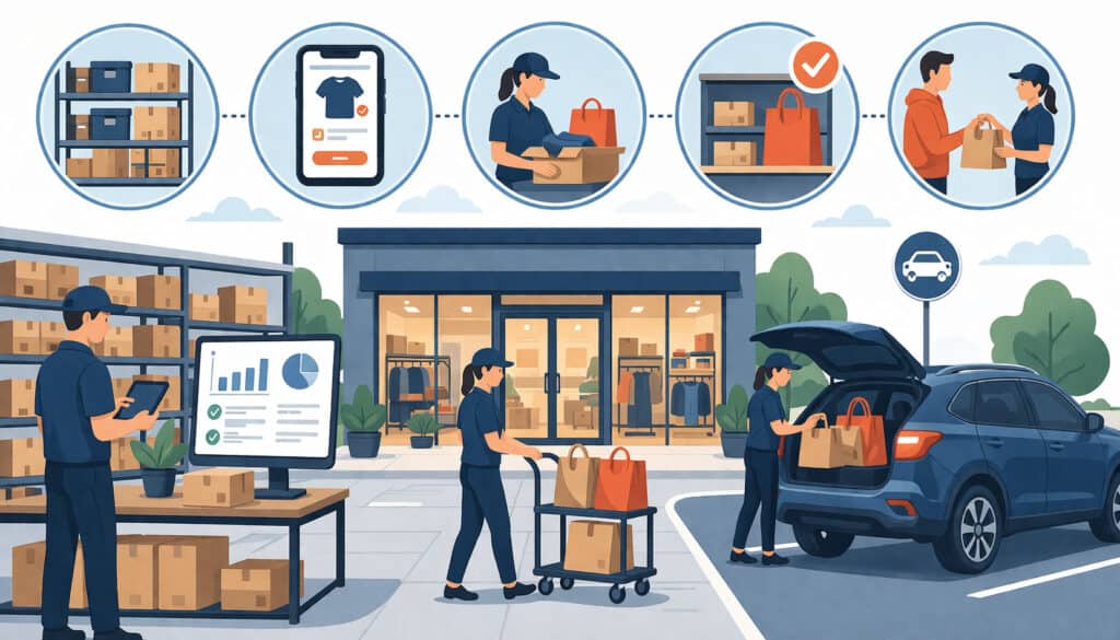 Illustration of BOPIS process showing online shopping, inventory management, order packing, and curbside in-store pickup with connected workflow icons