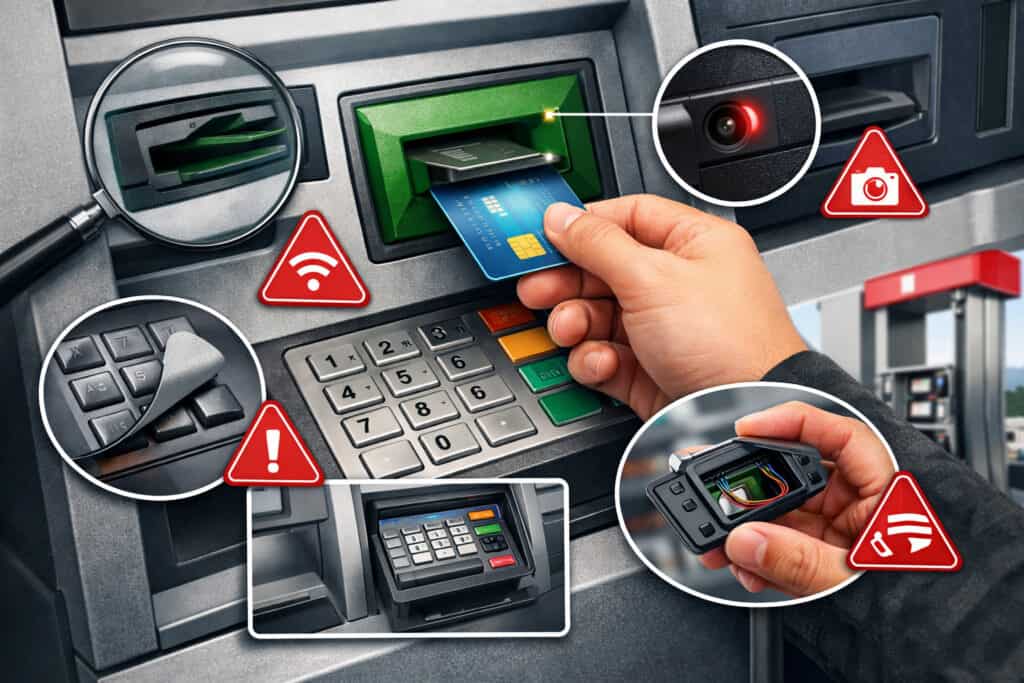 Illustration of a payment card reader showing signs of tampering, including a loose card slot, exposed internal wiring, and suspicious overlay device, with caution icons in the background indicating security risks at a point-of-sale terminal.