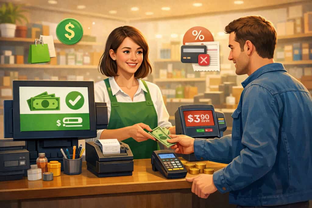 Customer paying cash at a retail checkout while cashier processes transaction with POS system, illustrating cash discounting versus card payments in a small business setting