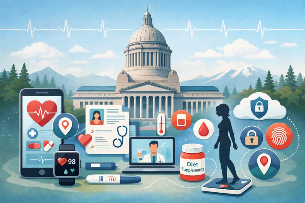 Illustration of digital health data ecosystem with smartphone, wearable devices, telehealth consultation, medical records, and privacy/security icons in front of a government building backdrop