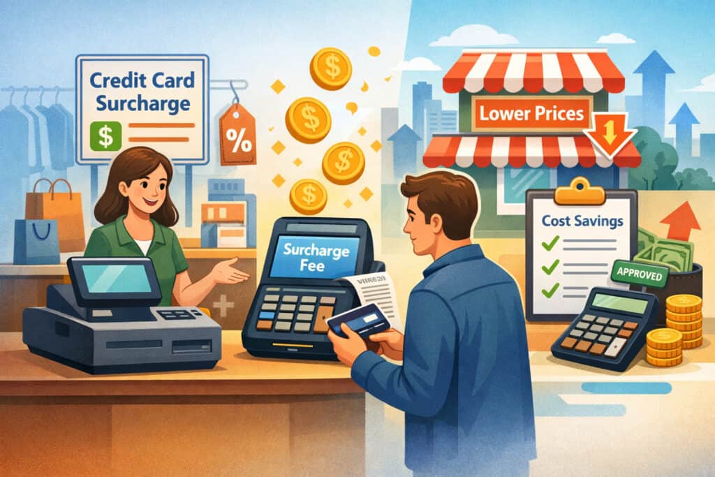 Illustration of a retail checkout where a customer pays by credit card while a surcharge fee is applied, highlighting business cost savings and pricing strategies
