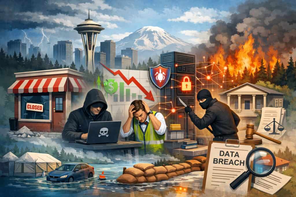 Illustration of Washington state businesses facing risks including cyber attacks, natural disasters, economic decline, and data breaches with Seattle skyline in background
