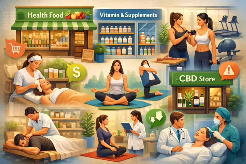 Illustration of various retail wellness businesses including a health food store, supplement shop, gym, spa, yoga studio, CBD store, and medical spa with wellness and financial impact icons
