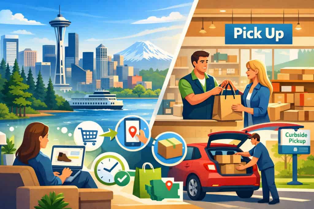Illustration of Buy Online Pick Up In Store (BOPIS) in Washington showing a customer shopping online, retail pickup counter, and curbside pickup with Seattle skyline in background